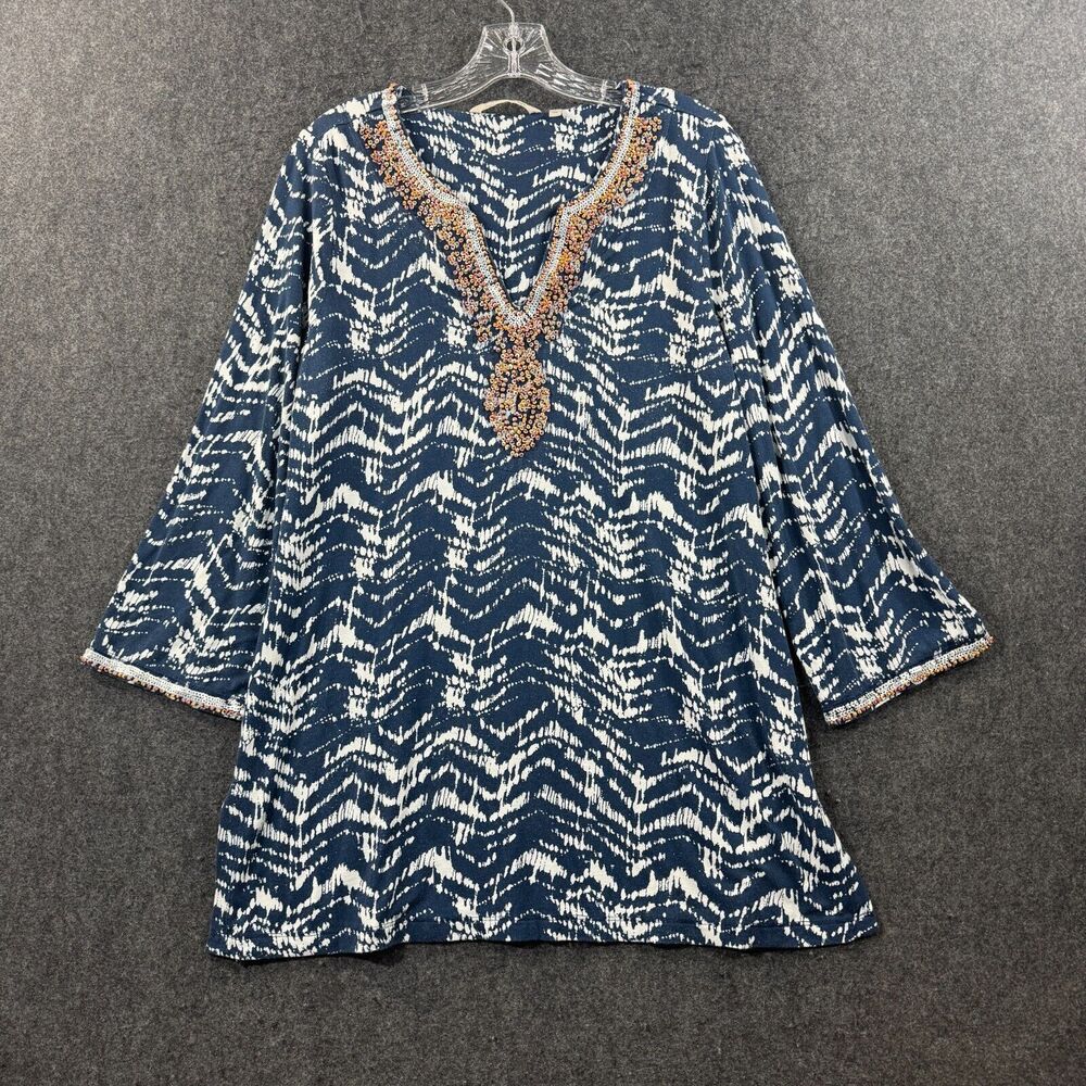 Soft Surroundings Blouse Women's Medium Blue White Printed Embroidered Tunic